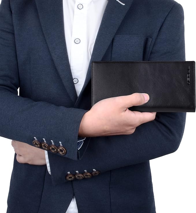VISOUL Leather Checkbook Cover Wallet for Men with RFID Blocking, Mens Long Bifold Cash Tall Wallet with 11 Credit Card Slots 1 ID Window (Black)