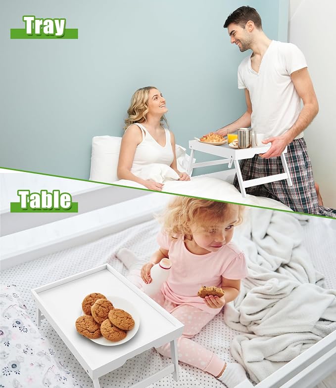 Youpehom Bamboo Bed Tray Tables with Folding Legs, Medium, 4-Pack, White | Four bamboo bed trays with folding legs and handles for family meals, guests, reading, laptop use and everyday serving.