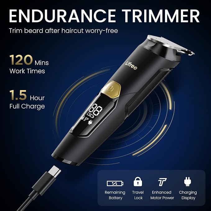 Ufree 3-in-1 Beard Trimmer for Men, IPX6 Waterproof Electric Razor Shaver | Beard, Nose, Hair, Stainless Steel Blades, USB-C Fast Charge, 120-Min Usage, 8000 RPM, Wet and Dry, LED Display, Travel Lock