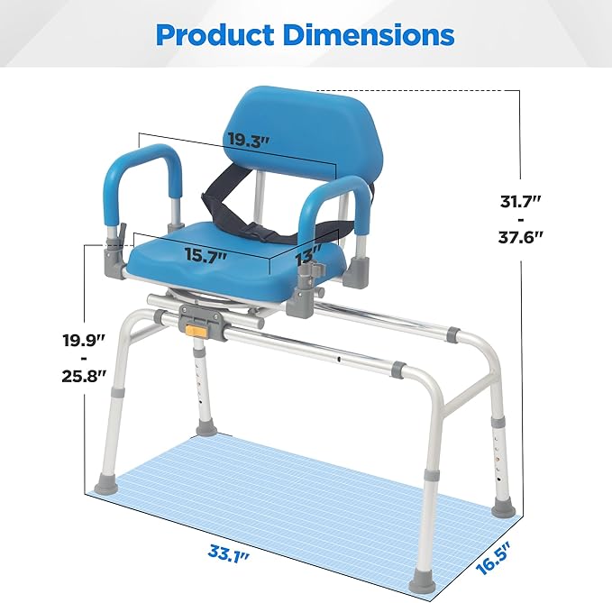 FSA/HSA Eligible Sliding Shower Chair with Swivel Seat, Rotating Tub Transfer Bench Shower Bench with Padded Seat and Backrest for Elderly and Disabled, Blue