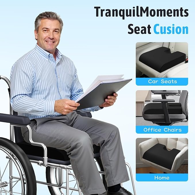 TranquilMoments Seat Cushion, Gel Wheelchair Seat Cushion,Ergonomic Chair Cushions for Office Chairs & Car, Relieve Sciatica, Back and Tailbone Pain, Removable Cover & Non - Slip Bottom, Black