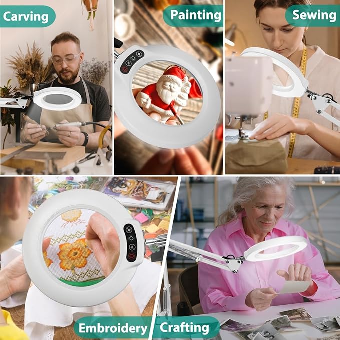 10X Magnifying Glass with Light and Stand, 5 Color Modes Stepless Dimmable 2-in-1 Desk Lamp with Clamp, Hands Free LED Lighted Magnifier with Light for Craft Hobby Painting Reading Close Works - White