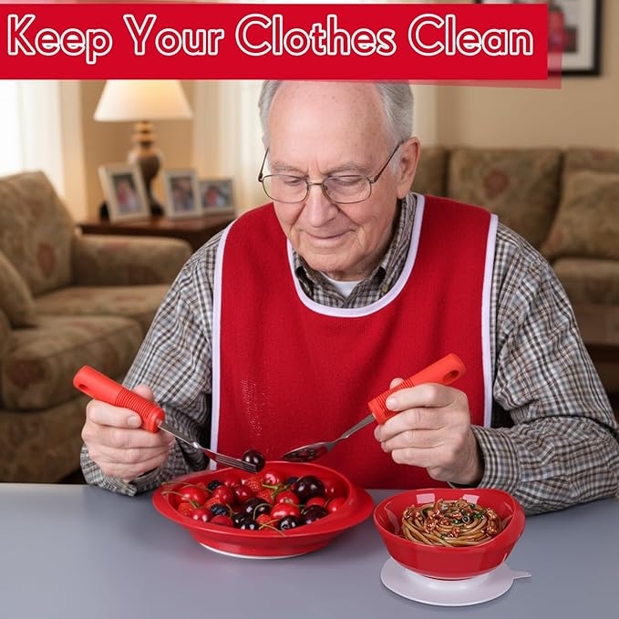 6 Pcs Adaptive Utensil with Bib Bowl Plate Set Weight Cutlery Gift for Christmas Elderly Disabled Arthritis Parkinson(Red)