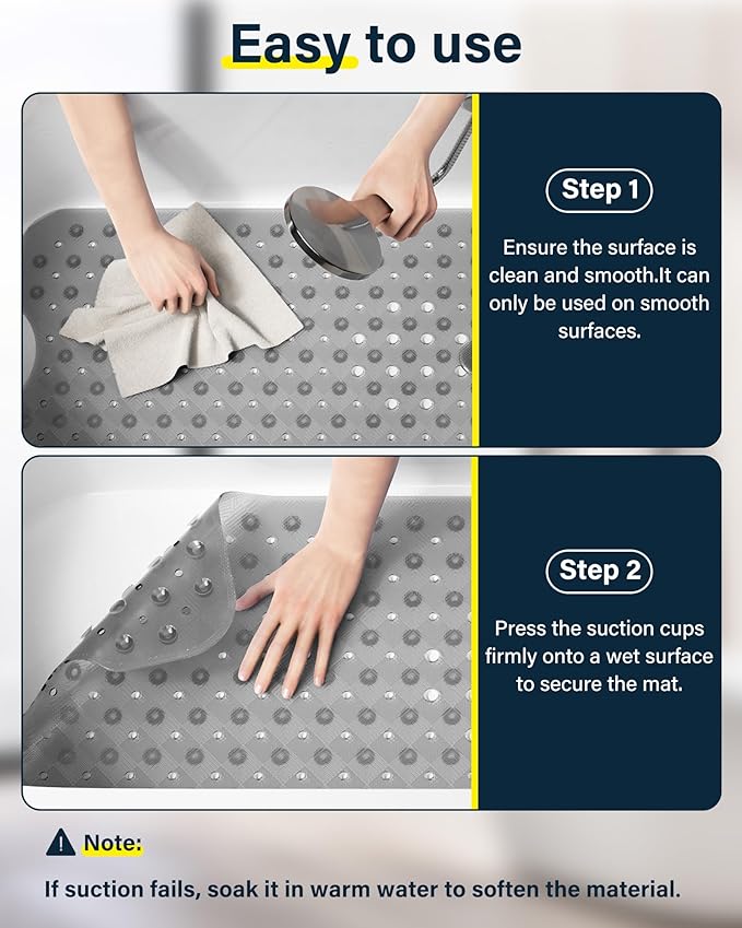 Non Slip Bathtub Mat for Tub & Shower, Machine Washable 40"x16" Anti Slip Bath Mat with 2 Hooks, Soft & Comfortable and Extra Large for Families, Clear Grey