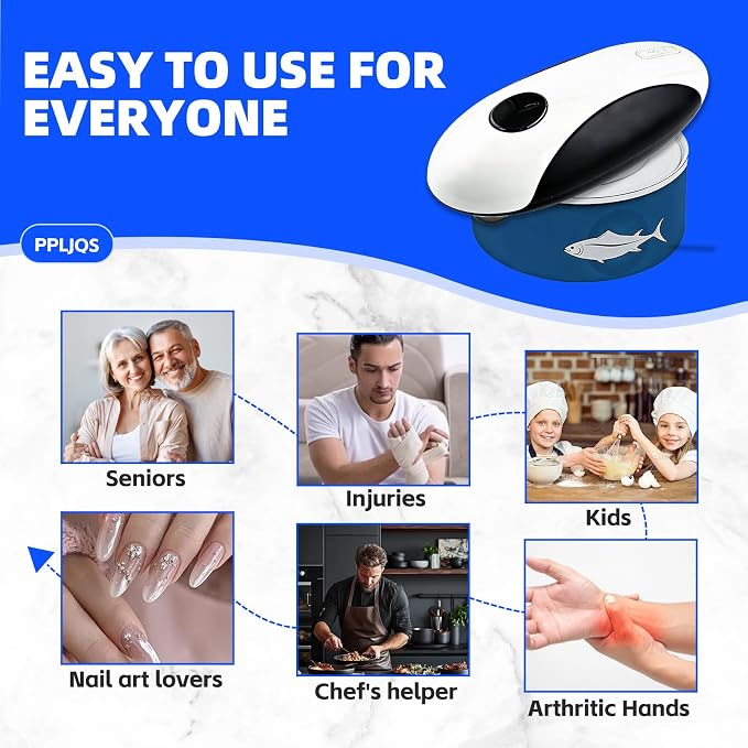 Kitchen Rechargeable Electric Can Opener, One-Touch Opening, Smooth Rim, USB-C Fast Charge, Senior Friendly, White, Hands-Free Design, Easy to Grip and Fits Most Cans