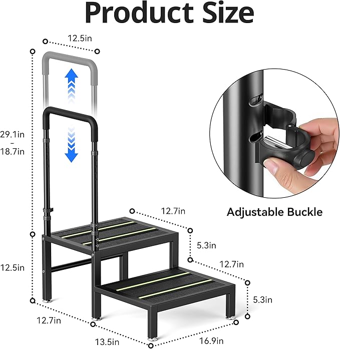 2 Step Stool with Handle, Heavy Duty Step Stool for Elderly and Adults, Adjustable Handrail with Non-Slip Platform, Bedside Steps for High Beds, Kitchen and Bathroom