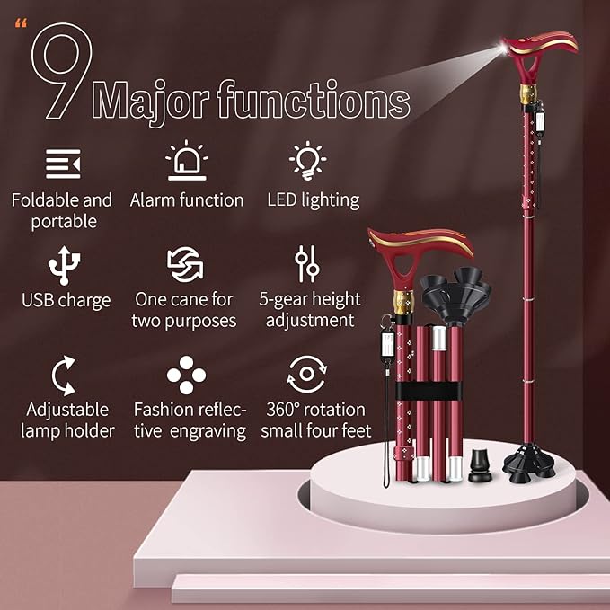 Folding Cane, Smart Alarm Foldable Cane with Light, Fashion Walking Cane for Women&Men, Adjustable Canes for Seniors, USB Direct Charging, Lightweight and Portable
