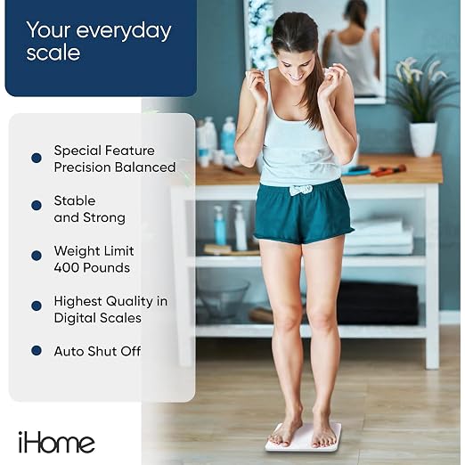 iHome Digital Scale, Bathroom Scale, Batteries Included, Scale Body Weight, Weight Scale, Digital Scale, Bathroom Scales for Weight, Digital Scales for Body Weight (White)