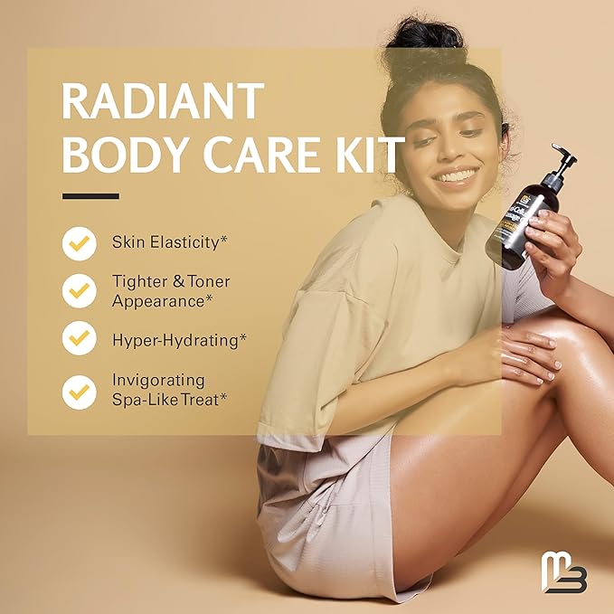 Anti Cellulite Massage Oil and Firm Dry Brush Kit | Collagen & Stem Cell Skin Tightening Kit | Radiant Body Care Kit for Women by M3 Naturals