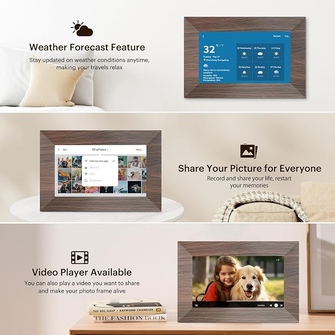 7” Digital Picture Frame with 32GB Storage, WiFi Digital Photo Frame 1024x600 HD IPS Touchscreen, Easy Setup for Photo & Video Sharing via Free App, Light Brown Wood Grain