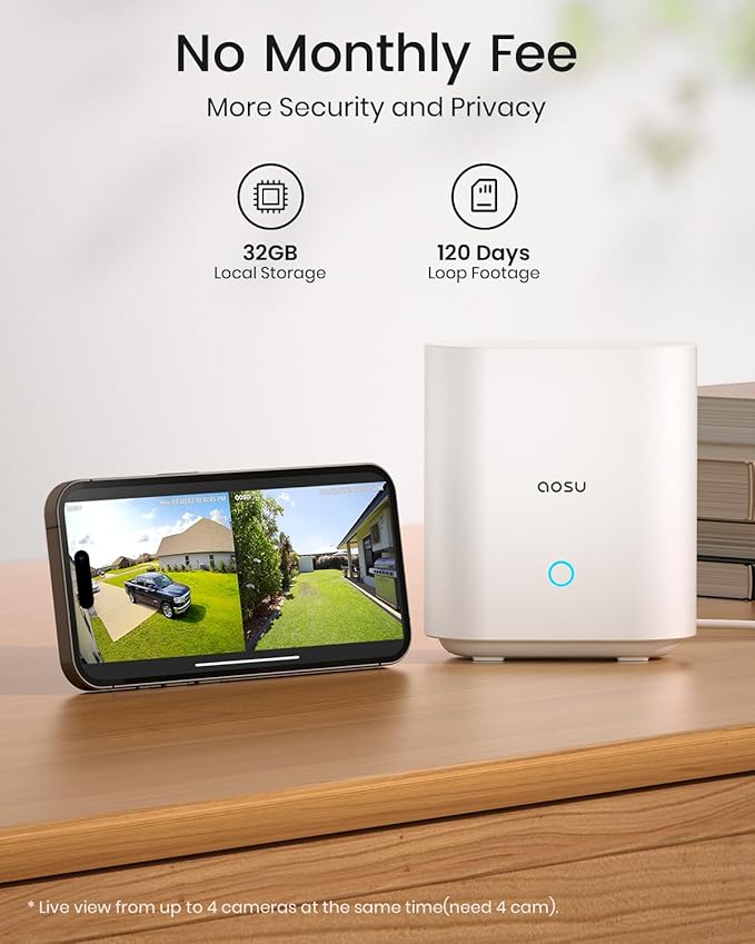 aosu Add-on Cam, 3K/5MP, Solar Powered, Up to 4PCS Security Cameras Can be Connected to 1 aosuBase, Requires SolarCam/WirelessCam System's aosuBase (Not Doorbell Base Station)