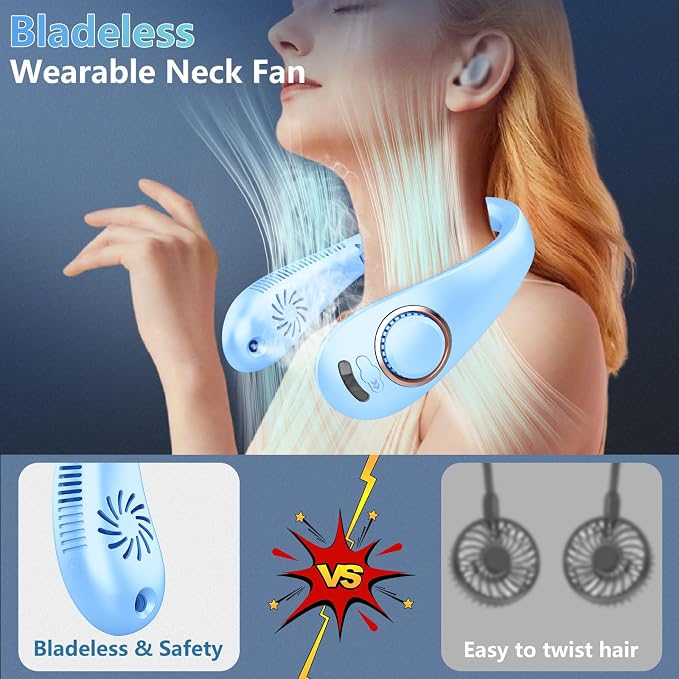 Neck Fan with Mist,Foldaway Neck Fan with Mist,Personal Fan for Neck Wearable Hanging around,Cordless Neck Coolers for Female Male Kids Dad Mom Extremely Hot Weather Light Blue