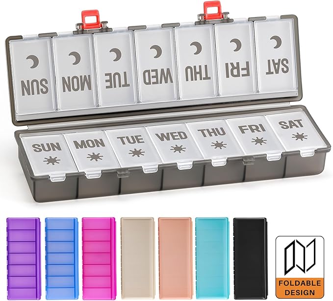 Foldable Pill Organizer 2 Times a Day w/Etched Labels -Dual Protection & Portable Weekly AM PM Pill Box, 7 Day Medicine Container, Large Travel Pill Case for Daily Supplement Vitamin -Clear Black