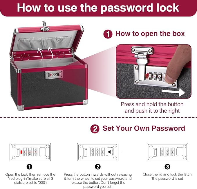 Medicine Lock Box with Combination Lock - 10 x 6 x 6.7 Inches - First Aid Safe Medication Storage Box, Medications and Personal Items, Safe Boxes for Home and Outdoor - Black Red 【No strap】