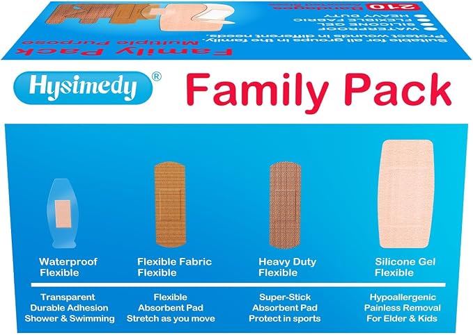 Hysimedy Adhesive Assorted Bandages Variety Pack 210 Counts Flexible Fabric Heavy Duty Waterproof Silicone Hypoallergenic Latex Free for Sensitive Skin Wounds Care Medical First Aid Kit Supplies