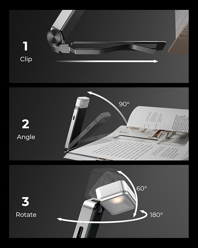86lux Book Light, Rechargeable Clip-On LED Reading Light for Bed & Night Use - 3 Color Temperatures with Stepless Dimming, Ultralight Bookmark Design for Kids, Book Lovers, Silver