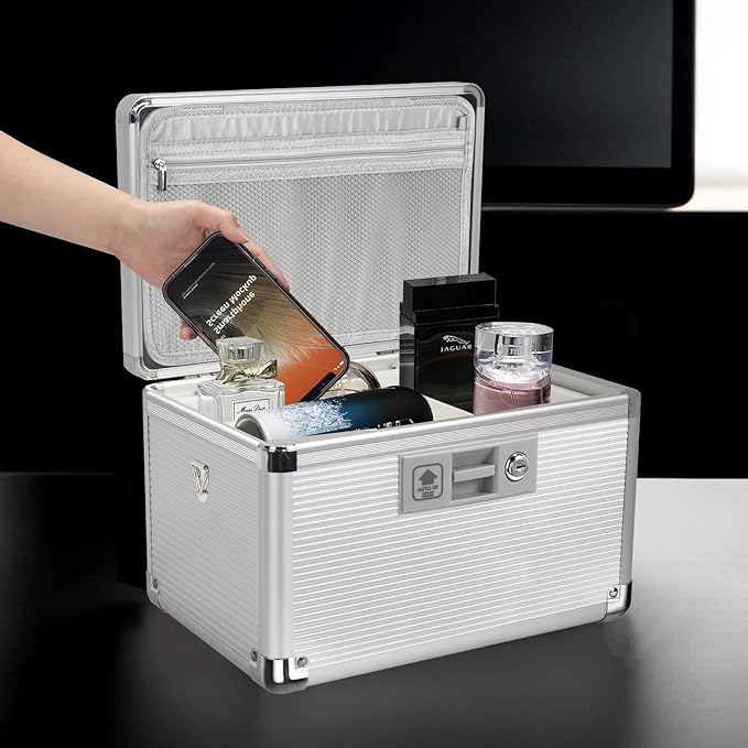 Medicine Lock Box with Key, Alluminum Alloy Box for Medication,First Aid Box with a Removeable Tray to Store Medicines & Pills for Home, Silver, 16 * 9.25 * 7.48 Inch