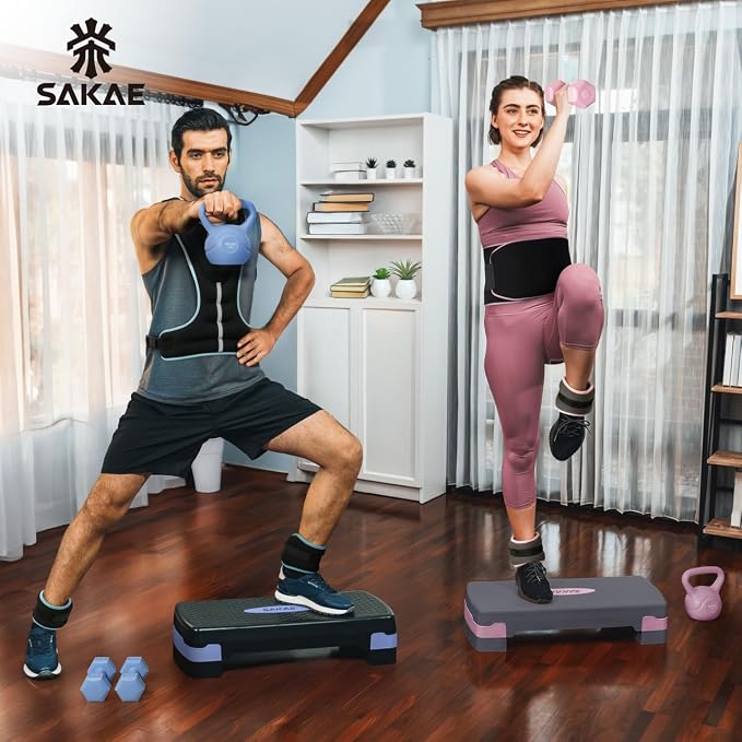 Adjustable Height Aerobic Stepper Set, Multiple Bundle Options with Dumbbells, Kettlebell, Waist Trimmer, Ankle Weights or Weighted Vest, Workout Exercise Step Platform w/Level Risers, 4 Colors