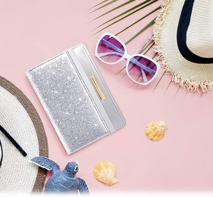 Coco Rossi Passport Holder for Travel Women Slim RFID Passport Cover Wallet | Travel Essentials, Passport Book Holders, Passport Wallet Cover Case, PU Leather, Cute, Thin, Spliced Design, Glitter Silvery