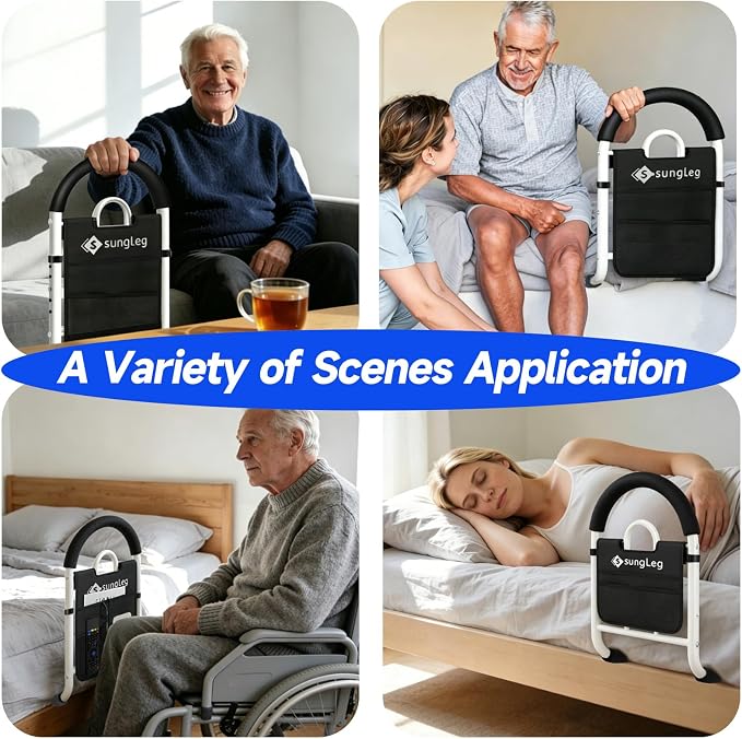 Bed Rails for Elderly Adults Safety - Adjustable Bed Assist Rail with Non-Slip Handle & Storage Pocket, 350LBS, Tool-Free, ASTM Compliant, Bed Cane for Seniors Fits King/Queen/Full/Twin Beds
