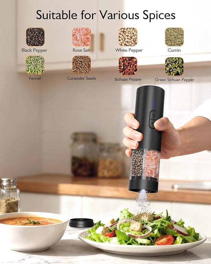 Electric Salt and Pepper Grinder Set, 2 in 1 Dual Bins USB Rechargeable Refillable Automatic Salt and Pepper Mill Shaker with LED Light, Dual Ceramic Grinder Adjustable Coarseness, kitchen gift, Black