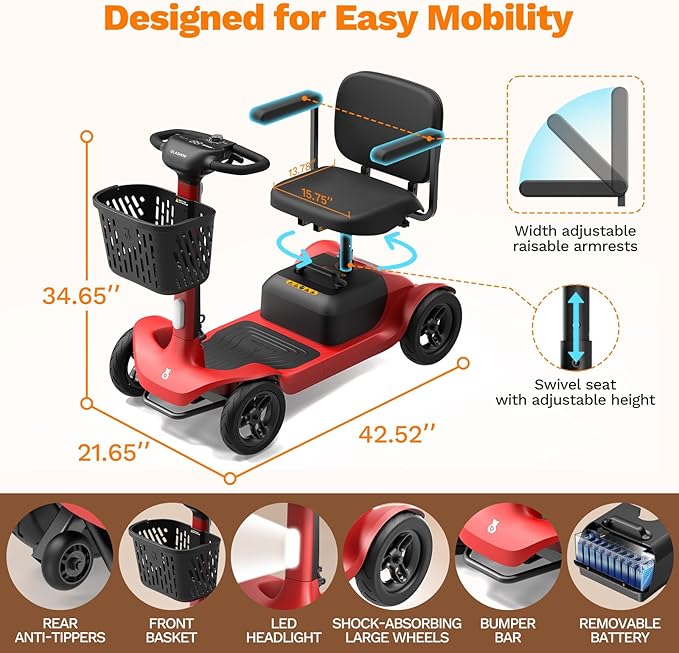 S1 Folding 4-Wheel Mobility Scooter for Seniors – 25-Mile Range, 6.2 mph, All-Terrain Electric Scooter with Adjustable Swivel Seat, 265 lb Capacity, Removable 24V 20Ah Battery – Red