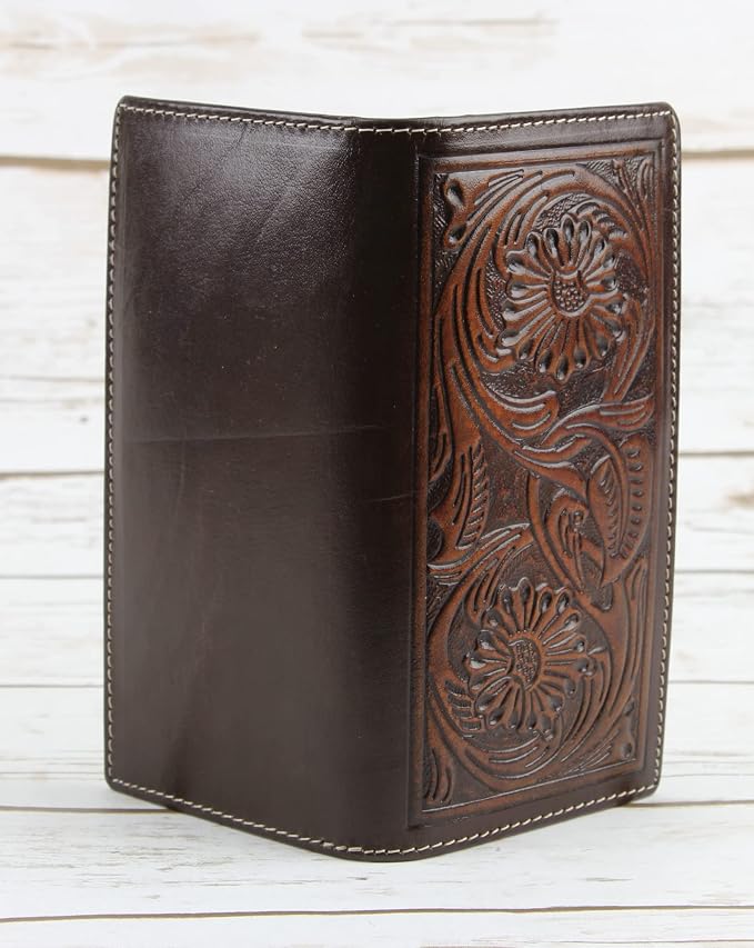 American Bison Arrigo Floral Design RFID Rodeo Wallet for Men – Hand-Tooled Cowhide Leather Wallet with Gift Box (Dark Brown)