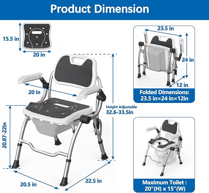3 in 1 Folding Bedside Commode Chair,No-Assembly Foldable Shower Chair for Inside Shower with Arms and Back,Portable Toilet for Adults Elderly,Adjustable Height Raised Toilet Seat with Handles