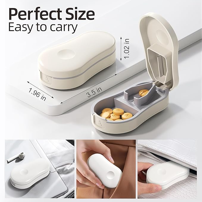 Pill Cutter Splitter for Small and Tiny Pills - 1/2 Accurately Cuts -Easy Open Snap Button.Wrap-Around Blade Guard Prevents Cuts. Detachable V-Shaped Pad. Back Storage(White)