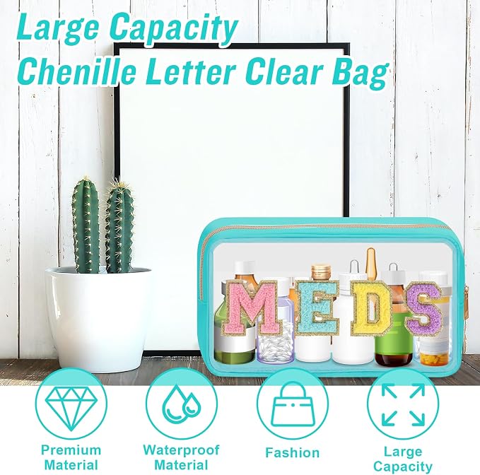 Clear Letter Patch Medicine Bag Drugs Pouch with Zipper, Travel Portable Cosmetic Makeup Bag for Women Girls, Waterproof Nylon PVC Toiletry Meds Storage Case Chenille Letter Stadium Bag(Green, MEDS)