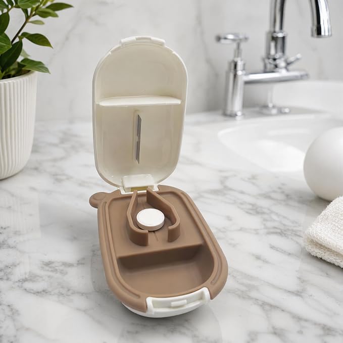 Pill Cutter and Splitter with Case, Compact Travel Pill Cutter with Removable Non-Slip Silicone Pad, Portable Medicine Box for Tablets, Vitamins and Daily Pills, Beige