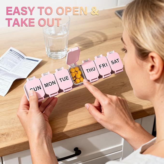 Extra Large Weekly Pill Organizer 7 Day - Portable Daily Pill Box with 7 Detachable Compartments, Vitamin Holder and Medicine Organizer for Supplements, Home and Travel, Pink