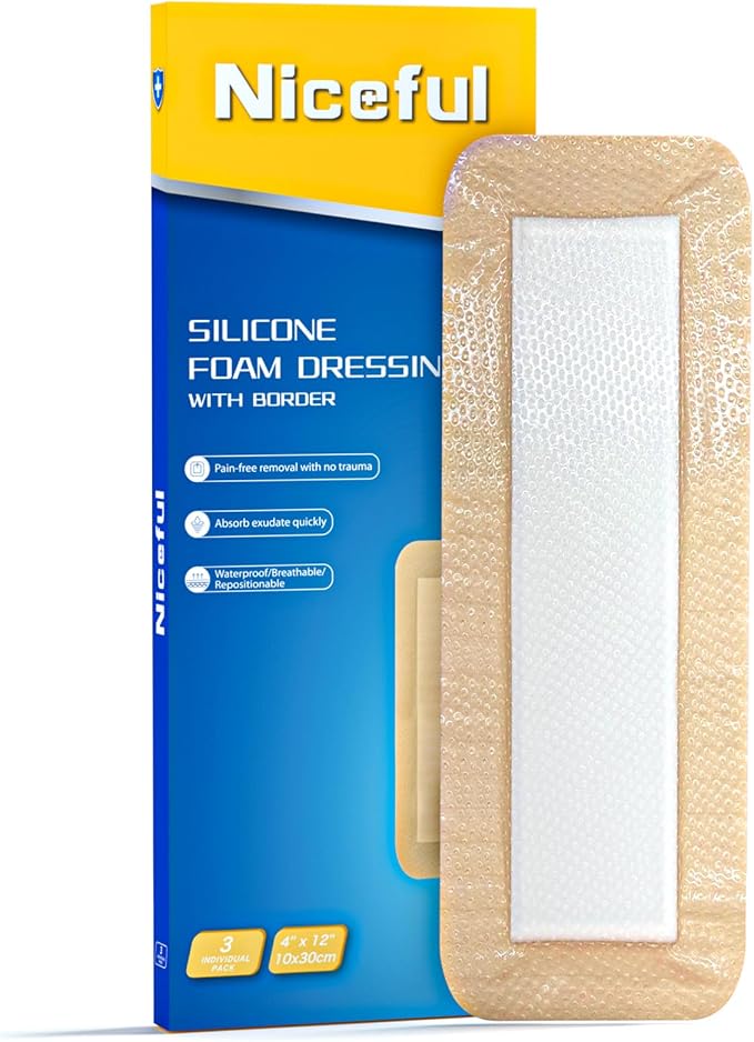 Niceful Ultra Soft Silicone Foam Dressing 4" x 12" - Large Bandages for Wounds, Highly Absorbent Waterproof Bandages for Bed Sores, Leg Ulcers, Knee Surgery 3 Count