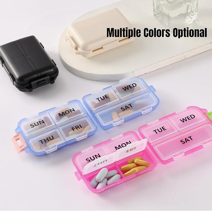 7 Day Compact Pill Organizer, Foldable Portable Travel Pill Box with Double Protection, Daily Small Pill Case Dispenser for Medication, Vitamins, Supplements (Clear Pink)