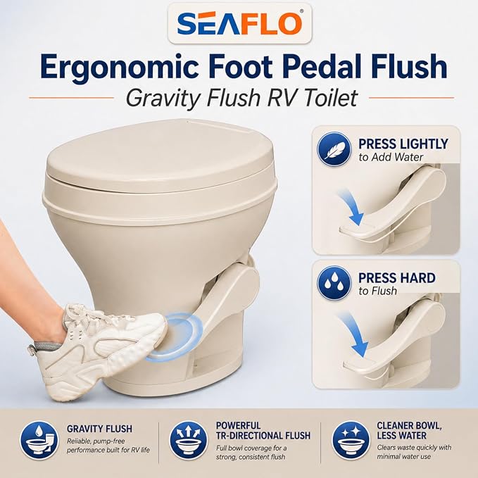 SEAFLO Residential Height Bone Camper/RV Toilet with Sprayer Attachment, 18.5” Standard Height, Gravity Flush System, Pedal Operation, Soft Close Seat, 4-Year Warranty (Bone W/Sprayer Attachment)