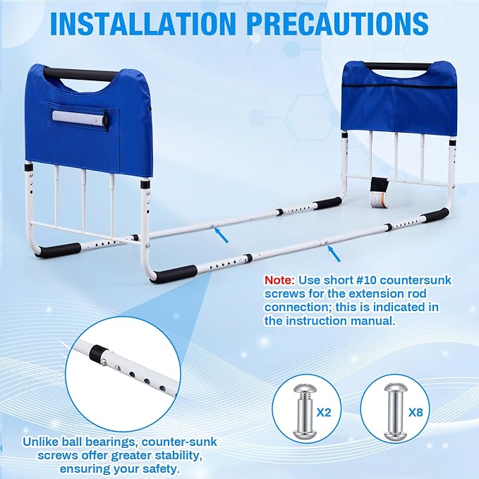 Double Bed Rail for Elderly Adults Safety, ASTM Compliant, Adjustable Bed Rail,U Bar with Sensor Light & Storage Pocket for Medical Bedside Safety Assisting Rails Fits Twin Full Queen Beds