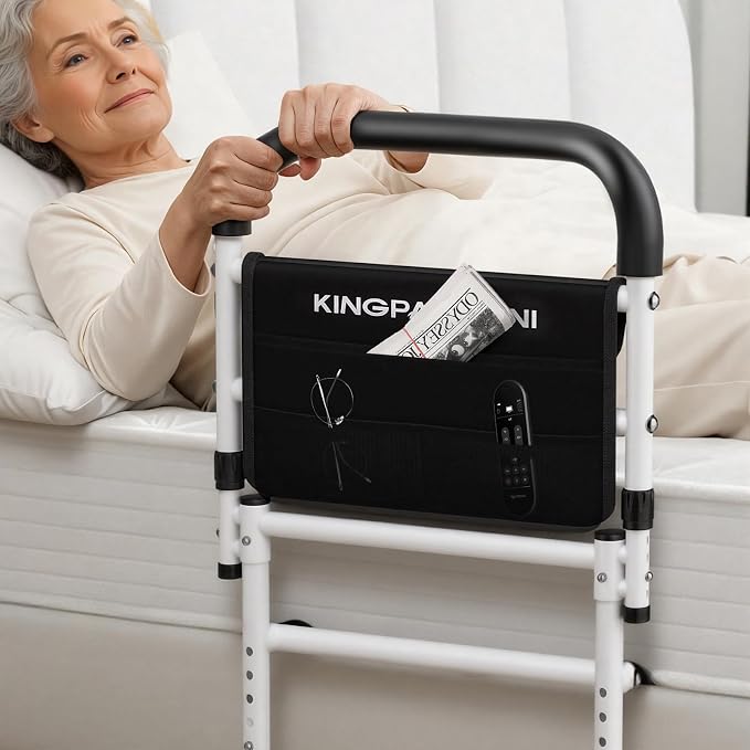 KingPavonini Bed Rails for Elderly Adults Safety ASTM-Approved, 2026 Upgrade Bed Rails for Seniors with Adjustable Anti-Wobble Feet, 400lb Bed Cane, Non-Slip Handle & Storage Bag, No-Tools, Model GL04