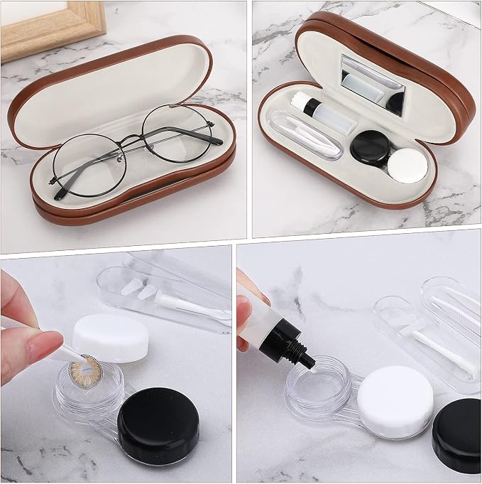 MoKo Double Eyeglass Case, Contact Lens Case with Mirror Tweezers Remover, 2 in 1 Double Sided Portable Contact Lens Box Holder Container Soak Storage Kit Sunglasses Pouch for Men & Women, Brown