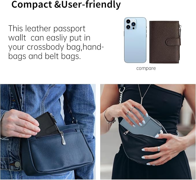 Passport wallet and Card Slot Combo RFID Blocking Leather Travel Passport Wallet for Men and Women with Zippered Coins Pocket Passport holder, Dark Brown