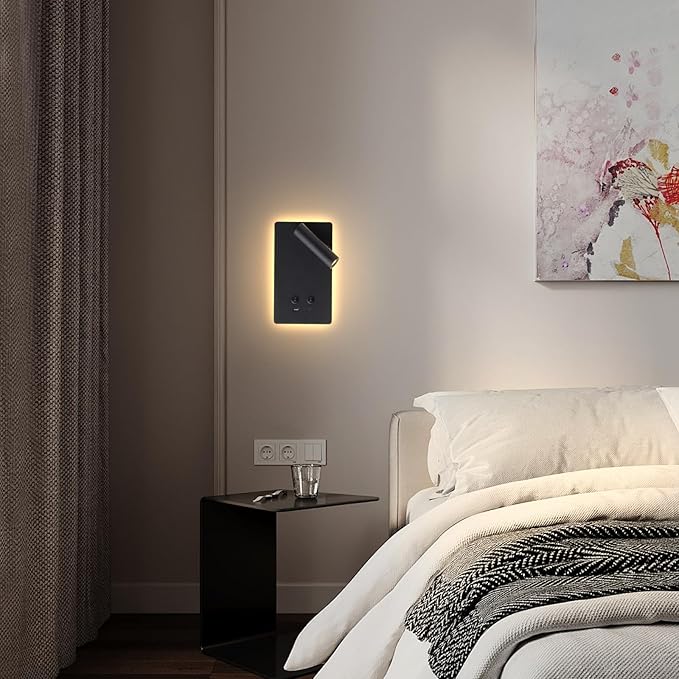 LED Reading Light Wall Mounted Lamp with 3 Brightness Dimmable & USB C+A Ports, Black Bedside Wall Lamps for Bedroom, Wall Sconce with Switch, Bed Lights for Headboard, Hotel, Bunk Bed, Dorm