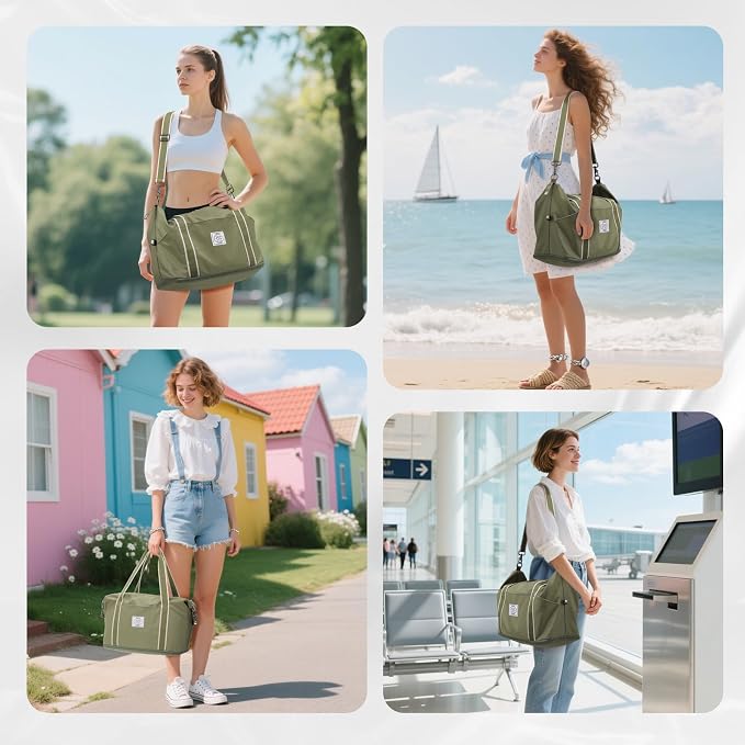 WALNEW Travel Duffel Bag, Weekender Overnight Carry On Bag for Women Men, Foldable Waterproof Gym Luggage Duffle Bag with Metal Buckle Detachable Shoulder Strap and Wet Compartment (Army Green)