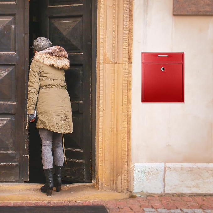 Yaocom Locking Mailbox with Key for Outdoor 12 x 10.5 x 4.7 Inches Large Wall Mount Mail Box with Lock Security Mail Drop Metal Collection Boxes Hanging Secure Postbox(Red)
