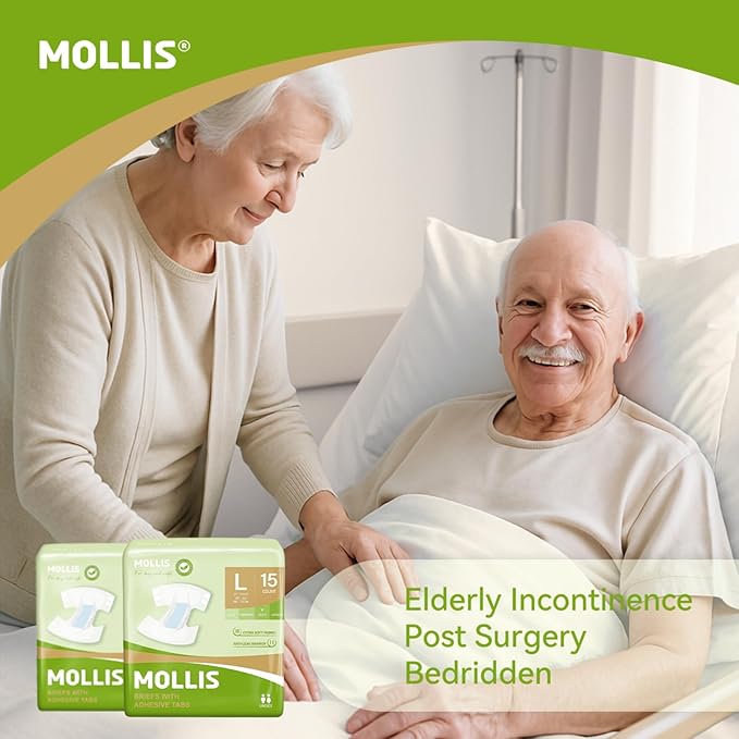 MOLLIS Adult Diapers for Women and Men, Unisex Disposable Incontinence Briefs with Tabs, Odor Control, Large, 60 Count (4 Packs of 15)