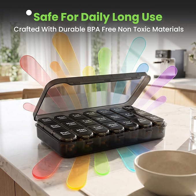Pill Organizer 3X a Day, Medicine Pill Organizer 7 Day, Weekly Pill Case with 21 Compartments for Medicine, Vitamin and Supplement, Full Black