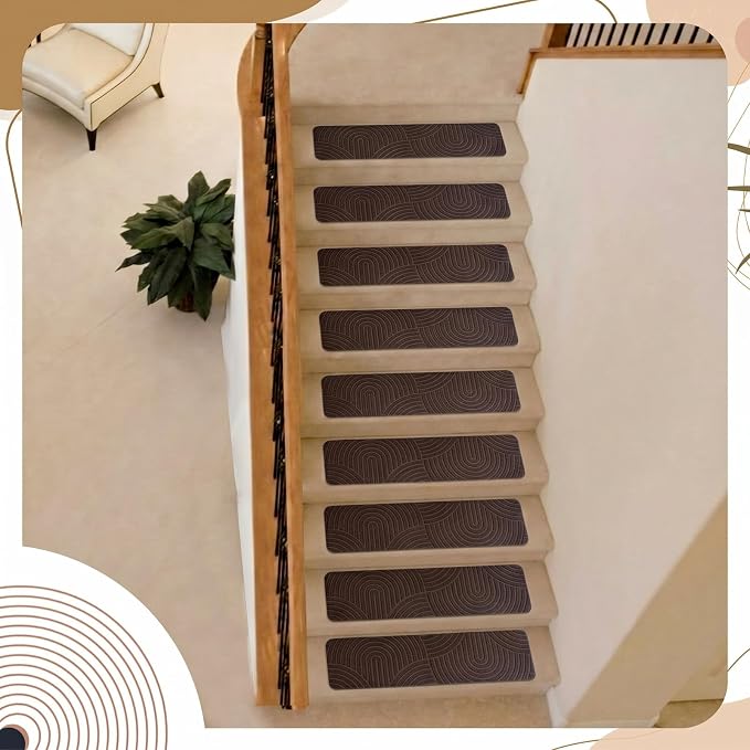 Dunzy Non Slip Stair Treads for Wooden Steps Indoor 15 Pack 8"x30" Boho Stair Treads with Reusable Adhesive Runner Rugs, 3D Peel, for Elders and Dogs, Pets, Coffee