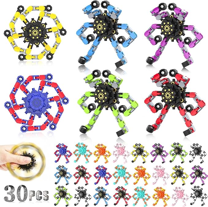 Transformable Fidget Spinners,30PCS Funny Sensory Fidget Toys Adults Deformable Chain DIY Robot Spinner,Fingertip Stress Relief Gyro Toy Halloween Party Favors Christmas Stocking Stuffers for Kids