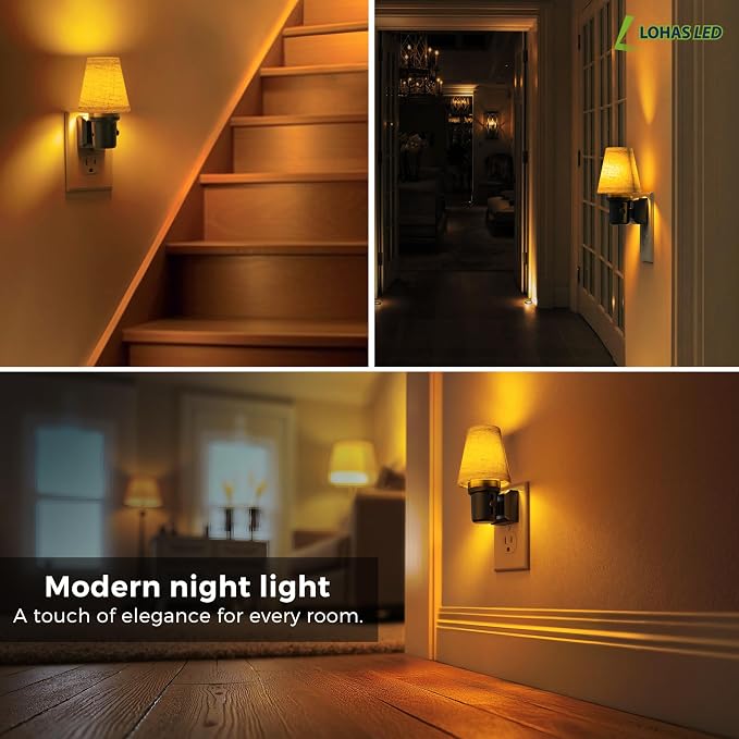 L LOHAS LED Night Lights Plug into Wall, Linen Fabric Night Light | 2 Pack Dusk to Dawn Sensor Vintage Nightlight, Amber Warm Light 0-100LM Dimmable, Decor for Bedroom Living Room Hallway