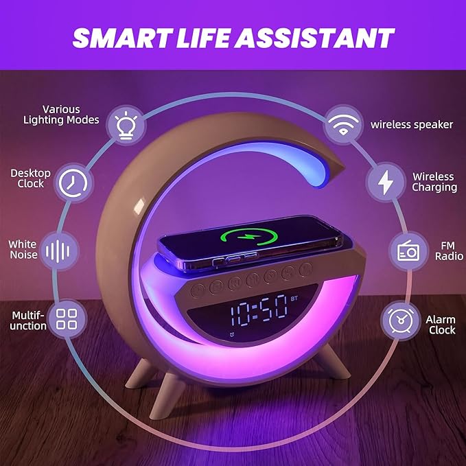 Saker G-Shaped LED Wireless Charging Bluetooth Speaker, 3-in-1 LED Digital Alarm Clock Radio with 13 RGB Lights & Noise, 360° Surround Sound Nightstand Clock with FM Radio for Bedroom Office (White)