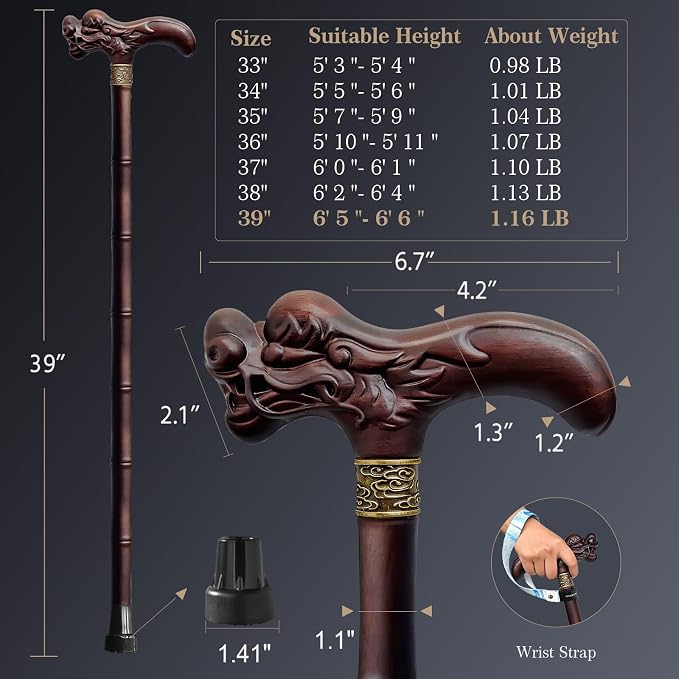 Wooden Walking Cane, 3D Dragon Engraved Cane Support up to 400 lb, Canes for Seniors Men Women of Different Heights