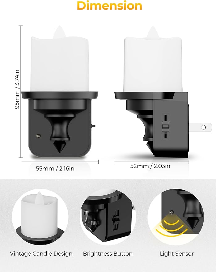 Flameless Candle Night Light, Night Lights Plug into Wall Warm | 2 Pack LED Candle Night Light, Light Sensor, 0-100LM Nightlight Plug in,3000K Soft White Nightlight for Kids Hallway Bathroom